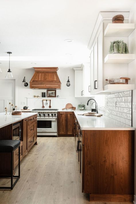 Wood Uppers White Lower Cabinets, Dark And White Cabinets Kitchen, Darker Cabinets Kitchen, Kitchen With Dark Trim, Multiple Backsplash Kitchen, Kitchen Flooring Ideas With Cherry Cabinets, Kitchen Remodel Cherry Wood Cabinets, Dark Maple Cabinets Kitchen, Modern Cherry Wood Kitchen