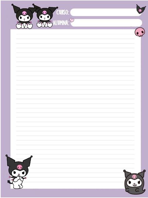 Kuromi Letter Paper, Kuromi Letter Template, Kuromi Notes, Kuromi Notepad, Sanrio Notes, Kuromi Note, Printable Paper Patterns, Memo Pad Design, Hello Kitty Printables