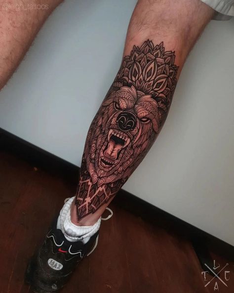 Credit to @leigh_tattoos Mosiac bear and mandala calf piece . 🏠@grimoiretattoo_ 🔸️For all bookings and enquiries, please contact me DM, at my business pages. 🔹️Facebook: /leighstca 🔹️@leigh_tattoos 🔹️@leigh_tattoos2 . 🔸️Sponsored by: 🔹️@heliostattoo 🔹️@h2oceanloyalty . ▪️@empireinks ▪️@fkirons ▪️@electrumsupply ▪️@sullenclothinguk ▪️@killerinktattoo ▪️@d_world_of_ink . #calftattoo #legtattoo #bear tattoo #mandala #mandalatattoo #dotwork #guyswithink #empireinks #calftattoo #legtattoo Calf Tattoos For Guys, Aurora Tattoo, Calf Tattoo Ideas, Calf Tattoo Men, Mayan Tattoos, Egyptian Tattoo Sleeve, Tattoo Mandala, Back Tattoos For Guys, Egyptian Tattoo