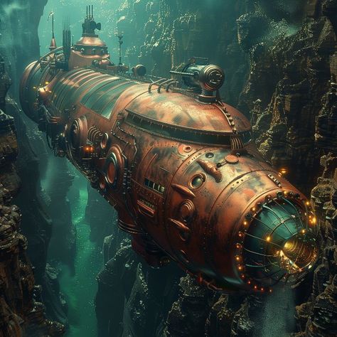 Travel fantasy: steampunk submarine - Gameover art Steampunk Submarine Art, Steampunk Submarine Concept Art, Steam Punk Submarine, Steampunk Building Concept Art, Submarine Concept Art, Submarine Aesthetic, Fantasy Submarine, Ocean Steampunk, Futuristic Submarine