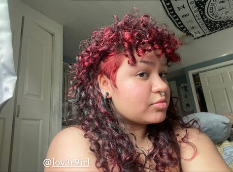 curly hair style, two toned, red and brown, 3b curls, hair inspo, curls 3b Curly Hair Mullet, Dyed Curly Mullet, Red Streaks In Brown Hair Curly, Curly Mullet Black Women, 3b Mullet, Red And Blonde Curly Hair, Curly Punk Hairstyles, Red And Black Curly Hair, Red Curly Hair Dyed