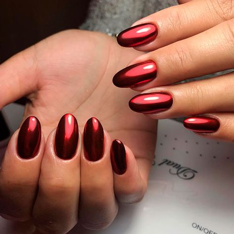 Perfect red chrome round nails Ombre Chrome Nails, Red Chrome Nails, Gold Chrome Nails, Red Chrome, Chrome Nail Art, Chrome Nails Designs, Mirror Nails, Her Nails, Red Nail Designs