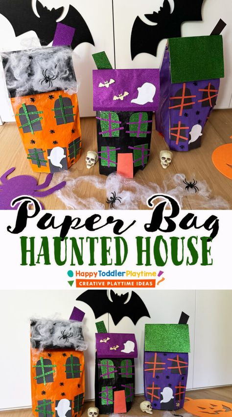 Paper Bag Haunted House Craft - Happy Toddler Playtime Brown Bag Halloween Crafts, Paper Bag Haunted House Craft, H Is For Haunted House Preschool, Haunted House Preschool Craft, Haunted House Craft Ideas, Haunted House Craft Preschool, Haunted House Crafts For Kids, Paper Bag Halloween Crafts, Halloween Paper Bags Crafts