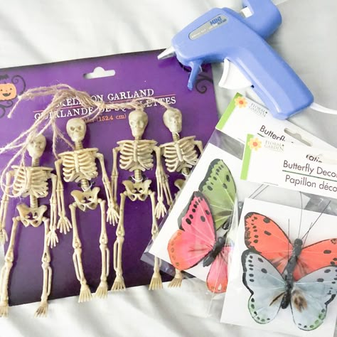 DIY Dollar Store Skeleton Fairies (Pinterest DIYs #1) – The Jolly Jack o’ Lantern Dollar Tree Butterfly, Spooky Interior, Skeleton Fairies, Skeleton Garland, Diy Skeleton, Skeleton Craft, Cute Halloween Decorations, Easy Halloween Party, Dollar Tree Halloween