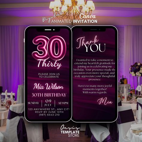 30TH Birthday Digital Invitation, Thity Party Video Invitation, Pink neon invitation, Animated invite, Message Text Evite, 30th invitation 30th Invite, 30th Invitation, Birthday Animation Video, Birthday Animated, Message Text, Party Video, Neon Rose, Invitation Pink