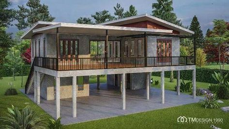 Elevate your living space with affordable prefab homes! From cozy barndominiums with shops to modern modular homes, explore the best designs that combine style and functionality. Perfect for those seeking a unique and luxurious lifestyle on a budget. Elevated House, Beach House Plan, Hut House, Tropical House Design, House With Balcony, Thai House, House On Stilts, Rest House, Loft House