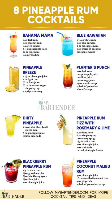 Transport yourself to the tropics with pineapple rum cocktails! 🍍🍹 Indulge in the sweet and tangy flavors of paradise with refreshing pineapple mojitos, tropical rum punches, and more. Perfect for beach parties or laid-back evenings with friends, these fruity concoctions are sure to brighten any occasion. Cheers to summer vibes and sunny sips! ☀️🌴 #PineappleRumCocktails #TropicalDrinks Mixed Drinks Alcohol Recipes, Fruity Alcohol Drinks, Bartender Drinks Recipes, Pineapple Cocktail, Cocktail Drinks Alcoholic, Mixed Drinks Alcohol, Yummy Alcoholic Drinks, Pineapple Rum, Liquor Drinks