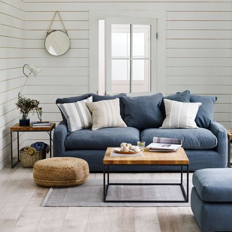 5 Reasons To Put Shiplap Walls In Every Room Coloured Furniture, Blue Sofa Living, Blue Sofas Living Room, Ny Apartment, Beach House Living Room, Blue Living Room Decor, Morning Room, Corner Sofa Set, Beach House Interior