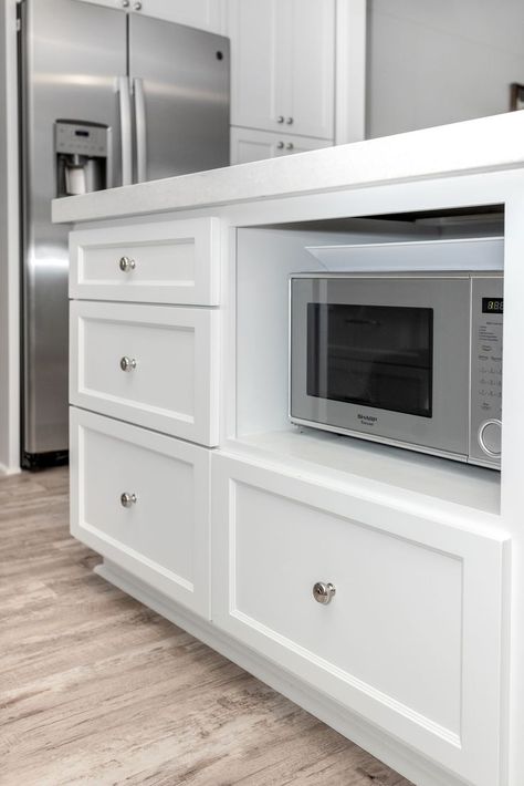 Under Counter Microwave in the Island Kitchen Island Microwave, Under Counter Microwave, Counter Microwave, Kichen Design, Microwave In Island, Gray Shaker Cabinets, Microwave Cabinet, Ranch Kitchen, Microwave Drawer