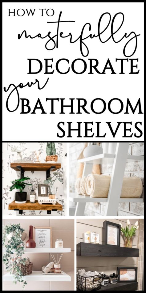 Are you looking for bathroom shelf ideas? Here’s the full rundown on how to determine what kind, where to place, and how decorate your shelves as well as tips for how to install them! The good news is that it’s doable for any homeowner, at any skill level. Keep reading for clever ways to incorporate bathroom shelving, decorating ideas, and how make them look amazing in current, trending styles! Decorating Bathroom Shelves, Shelves Over Toilet, Bathroom Shelves Over Toilet, Bathroom Shelf Decor, Floating Shelves Bathroom, Decorating Bathroom, Up House, Modern Bathroom Decor, Diy Bathroom Decor