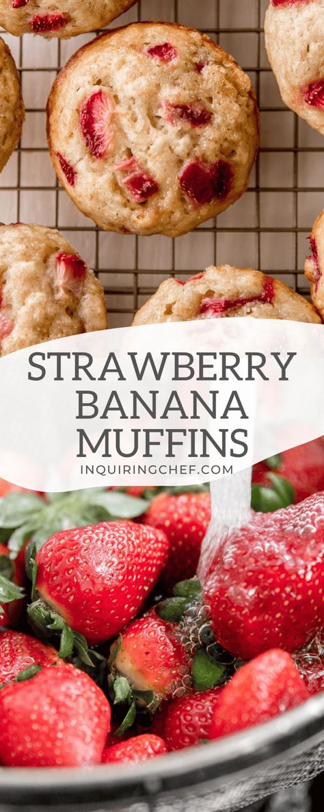 Banana Strawberry Muffins, Muffins Strawberry, Healthy Strawberry Recipes, Strawberry Muffins Healthy, Banana Muffin Recipe Easy, Strawberry Banana Muffins, Kids Friendly Recipes, Cornflake Chicken, Strawberry Banana Bread