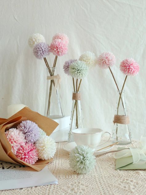 5branches Artificial Chrysanthemum | SHEIN USA Pompom Ideas, Pom Pom Ideas, Pom Flowers, Mops Crafts, Pom Pom Flowers, Pom Crafts, Yarn Pom Pom, Pom Pom Crafts, Doll Bed