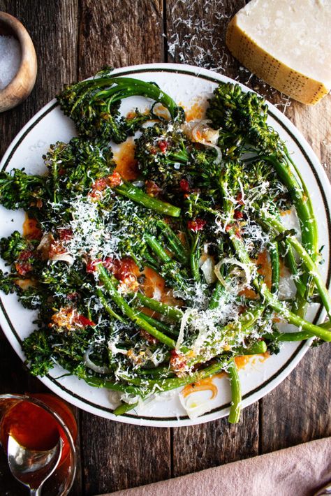 Roasted Broccolini with Calabrian Chile Vinaigrette - The Original Dish Holistic Food, Broccolini Recipe, Food Remedies, Grilled Broccolini, The Original Dish, Garlic Roasted Broccoli, Roasted Broccolini, Whats Gaby Cooking, Italian Vegetables