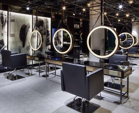 custom hair salon tables and chairs Hanging Mirror From Ceiling Salon, Black Salon Interior, Beauty Salon Interior Design Ideas, Barbershop Design Interior, Black Salon, Hair Salon Interior Design, Salon Interior Design Ideas, Barber Shop Interior, Beauty Salon Interior Design