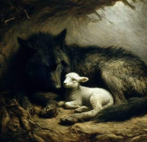 Wolf And Lamb Aesthetic, Raven Oil Painting, Wolf And Deer Art, Wolf And Sheep Art, Lamb Art Aesthetic, Conceal And Reveal Art, Wolf And Lamb Art, Lamb Aesthetic Dark, Pagan Paintings