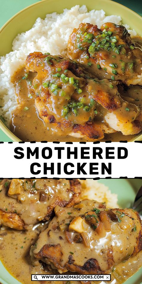 Tender, juicy chicken smothered in a rich, savory gravy – this Smothered Chicken recipe brings comforting Southern flavors straight to your table. Perfect for family dinners or a cozy night in! Smothered Chicken With Gravy, Sauce For Baked Chicken, Almond Boneless Chicken, Smothered Chicken Recipe, Chicken With Gravy, Smothered Chicken Recipes, Best Cornbread Recipe, Chicken And Mushroom Pie, Chicken Gravy Recipe