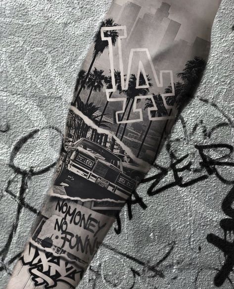 Nyc Theme Tattoo, Graffiti Tattoo Sleeve, Story Telling Tattoos, La Tattoo Ideas Los Angeles Tat, West Coast Tattoo Ideas, La Tattoo Design, Brooklyn Tattoo Ideas, Chicano Style Tattoo Design, Maffia Tattoo