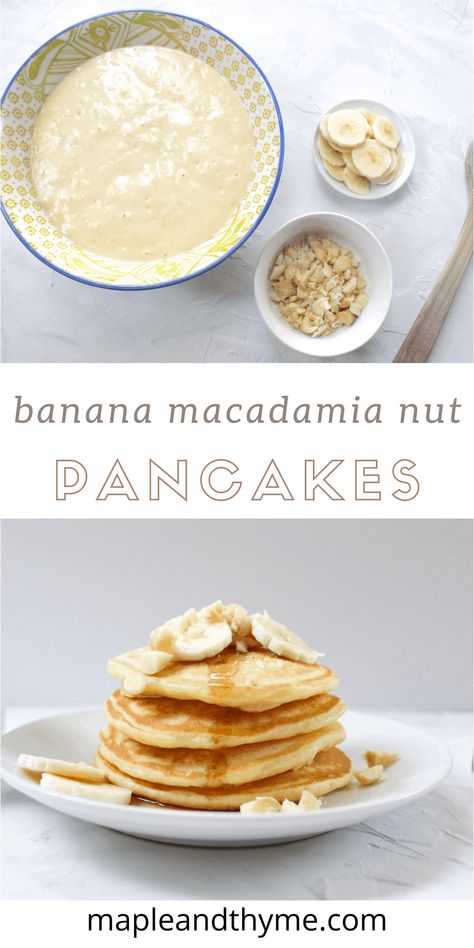 A tender, fluffy pancake loaded up with crunchy, salty macadamia nuts and slices of fresh banana. You'll love these Banana Macadamia Nut Pancakes! #bananamacadamianutpancakes #bananapancakes #homemadepancakerecipes Pancake Sauce Recipe, Macadamia Pancakes, Macadamia Nut Pancakes, Homemade Pancake Recipe, Cinnamon Roll Recipe Homemade, Pancake Calories, Thyme Recipes, Hawaiian Dishes, Coconut Syrup