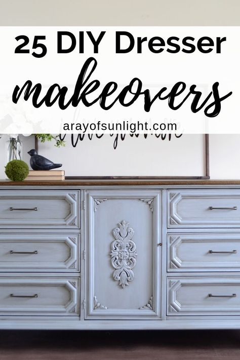 There are so many different ways to paint a DIY bedroom dresser. Paint it with chalk-style paint, high gloss paint, in navy blue, in dark grey or in pure white... the list goes on and on. You can add legs, or even turn your dresser into a tv stand. Whatever you do with your thrift finds, here is a list of painted DIY 9 drawer dressers by A Ray of Sunlight. #dressermakeover #DIYdresser #painteddresser #bedroomDIY #thriftfinds 9 Drawer Dresser Makeover, Chalk Paint Dresser Ideas, Paint Dresser Ideas, Drawer Dresser Bedroom, Gray Dresser Makeover, Diy Bedroom Mirror, Dresser Makeover Diy, Cheap Dresser, Dresser Makeovers