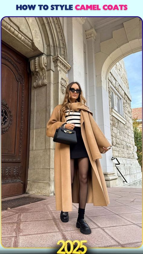 Combine elegance and practicality with camel coat looks featuring chic layering and versatile styling. Long Beige Coat Outfit Casual, Winter Camel Coat Outfit, Long Tan Coat Outfit, Camel Wool Coat Outfit, Long Camel Coat Outfits, Camel Coat Outfit Winter Style, Tan Coat Outfit, Oversized Camel Coat, Wool Outfit