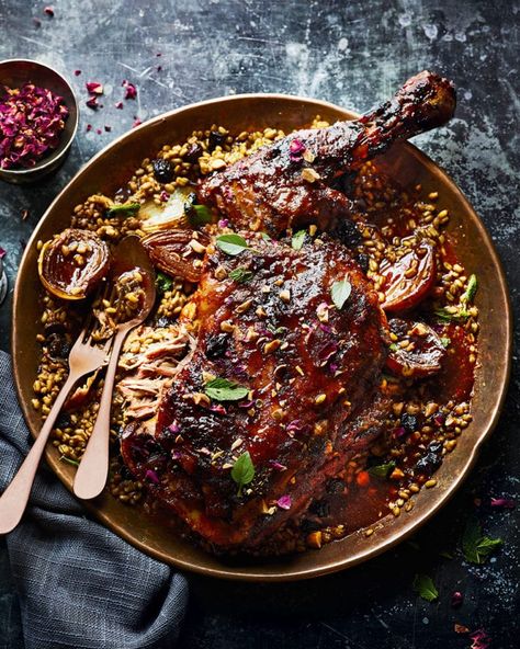 Moroccan-spiced lamb shoulder with onions and freekeh recipe | delicious. Magazine Freekeh Recipes, Braised Lamb Shoulder, Bonfire Night Food, Moroccan Dinner, Whole Chicken Recipe, Moroccan Lamb, Lamb Chop Recipes, Moroccan Recipes, Moroccan Dishes