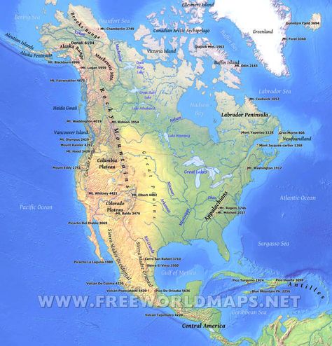 North America Physical Map Ancient Rome History, World History Map, Ellesmere Island, Map Of North America, Rome History, Gros Morne, Baffin Island, Aleutian Islands, Victoria Island