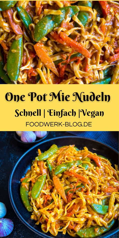 Dieses Rezept ist total cremig und lecker. Du musst einfach alle Zutaten in nur eine Pfanne geben und nach kurzer Zeit sind die cremigen und sogar veganen Mie-Nudeln fertig. One Pot Pasta, Dinner Healthy, Recipes Crockpot, Vegan Cooking, Vegan Dinners, Clean Recipes, Delicious Salads, Going Vegan, Veggie Recipes