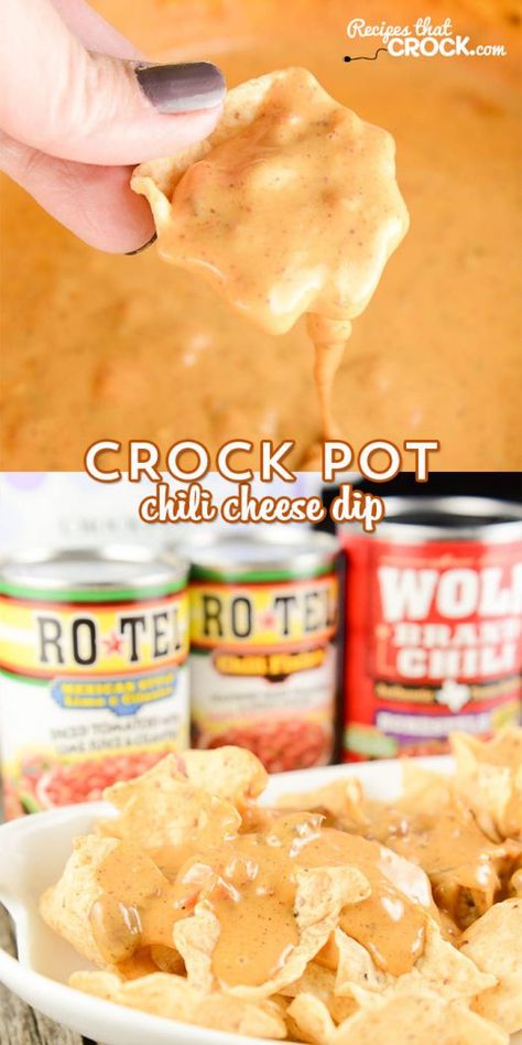 Crock Pot Chili Cheese Dip is so easy to throw together and the perfect dip for your next party whether it be at a potluck or staying in during #HibernationSeason! #ad @conagrafoods @roteltomatoes Chili Cheese Dip Recipes, Crock Pot Chili, Chili Cheese Dip, Chili Cheese Dips, Crock Pot Dips, Cheese Dip Recipes, Snacks Easy, Crockpot Chili, Super Party