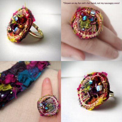 fancypicnic- fabric ring Sari Ribbon Jewelry, Crochet Ring Patterns, Elven Ring, Easy Rose, Crochet Rings, Ribbon Jewelry, Ring Making, Fabric Earrings, Fiber Jewelry