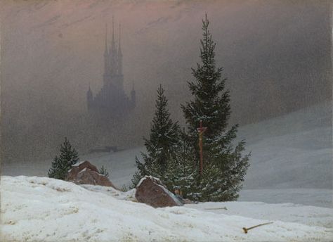 Winter Landscape  probably 1811, Caspar David FriedrichFriedrich combined landscape motifs with religious symbolism, and this picture represents the hope for salvation through the Christian faith. In the foreground a crippled man has abandoned his crutches and sits against a rock with his hands raised in prayer before a crucifix. national gallery London Casper David, Affordable Landscaping, Edmund Dulac, David Friedrich, Bel Art, Caspar David Friedrich, Winter Szenen, Snowy Landscape, Hieronymus Bosch