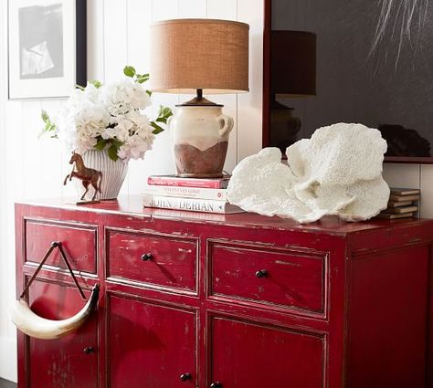 Console Table With Stools, Asian Inspired Living Room, Red Console Table, Entryway Table Modern, Table Decorating Ideas, Corner Hutch, Reclaimed Wood Console Table, Red Furniture, Console Table Styling