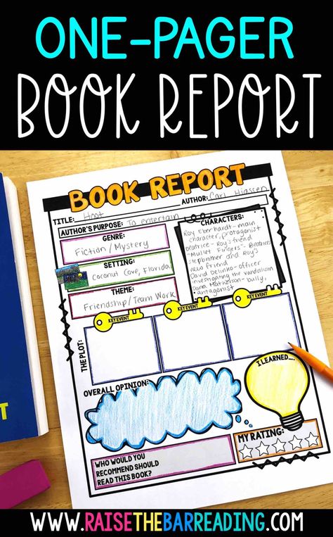 One Page Book Report (One Pager) Book Report Ideas Elementary, One Page Book, Book Report Ideas, Raise The Bar Reading, Reader Response, One Pager, Writing Rubric, Teaching Third Grade, Writing Book