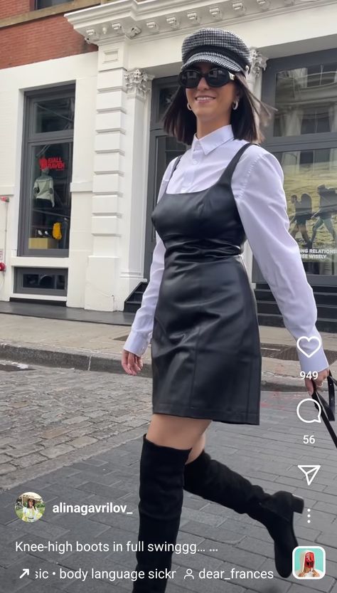 Collar Shirt Under Dress, Faux Leather Jumper Dress, Black Dress Shirt Underneath, Red Dress With White Shirt Under, Black Dress White Shirt Under, Black Dress With White Shirt Underneath, Black Dress And White Shirt, Dress Over White Shirt, Black Dress With White Shirt