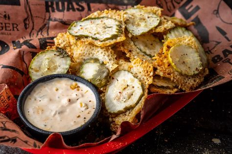 Flatrock Parmesan Pickle Chips - Traeger Grills Parmesan Pickle Chips, Flatrock Recipes, Traeger Flatrock Recipes, Smoker Veggies, Pulled Pork Tenderloin, Pork Wings, Vegetable Cocktails, Chicken Parmesan Sliders, Traeger Smoker