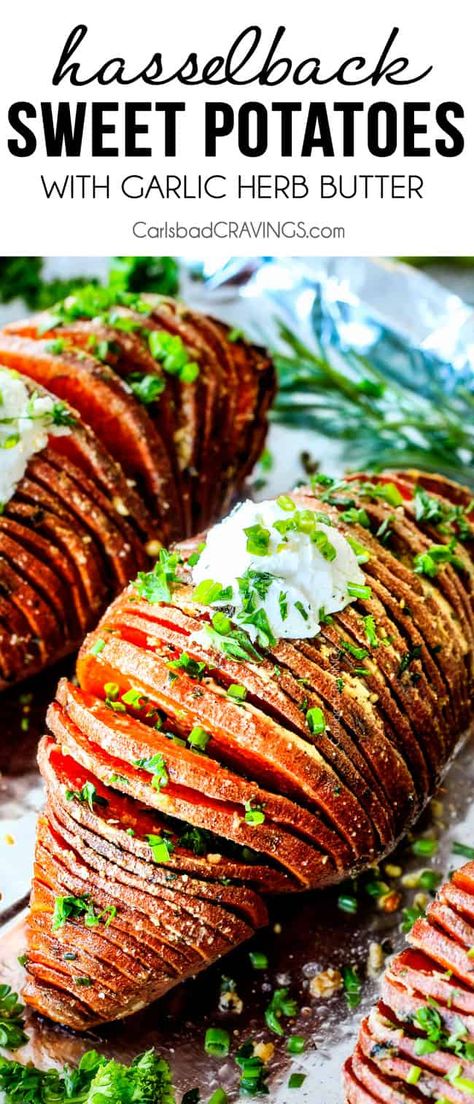 Hasselback Sweet Potatoes with Garlic Herb Butter (and optional Gouda!) Sweet Potato Hasselback, Potato Hasselback, Hassleback Sweet Potatoes, Hasselback Sweet Potatoes, Vegetarian Sweets, Carlsbad Cravings, Garlic Herb Butter, Best Side Dishes, Herb Butter