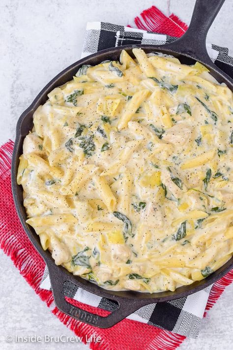 Spinach Artichoke Chicken Pasta, Chicken Pasta Skillet, Chicken Artichoke Pasta, Spinach Artichoke Pasta, Pasta Skillet, Spinach Artichoke Chicken, Skillet Dinner Recipes, Comforting Dinner, Artichoke Pasta