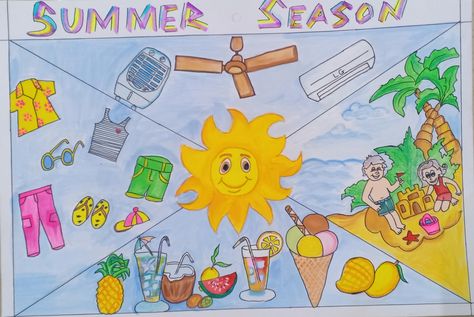 Summer Season Drawing For Kids, Summer Season Images, Summer Season Drawing, Season Images, School Project Ideas, Seasons Project, Seasons Chart, Pakistan Defence, Welcome To Class