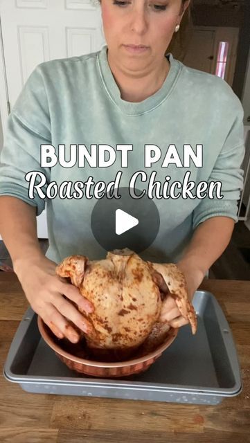 Kelly - Gardening, Recipes & Mom Life🤙🏻 on Instagram: "This is the closest way to get rotisserie style chicken at home. Cooking it in a bundt pan will get the chicken crispy on all sides and makes it easy to save the juices for gravy. My family loves this and I love having another easy meal I can make. Recipe below

🧡Bundt Pan Chicken
1 whole raw chicken
Olive oil (enough to coat both sides)
1 tsp paprika
1 tsp garlic Powder
1 tsp onion powder
1 tsp Italian seasoning
2 tbsp salt

🧡Instructions-
Heat oven to 425°
Pat dry chicken
Rub olive oil on both sides
Cover with seasonings
If your Bundt pan has a hole in it, cover it with aluminum foil
Place chicken on the middle of the Bundt pan so that it’s standing up.
Place the Bundt pan inside another pan to make it easier to handle. 
Bake 1 h Whole Chicken Baked In Oven, Chicken Bundt Pan Recipe, Baked Chicken Recipes Oven Whole, Bundt Pan Chicken, Rotisserie Chicken At Home, At Home Cooking, Bundt Pan Recipes, Baked Chicken Recipes Oven, Chicken Crispy