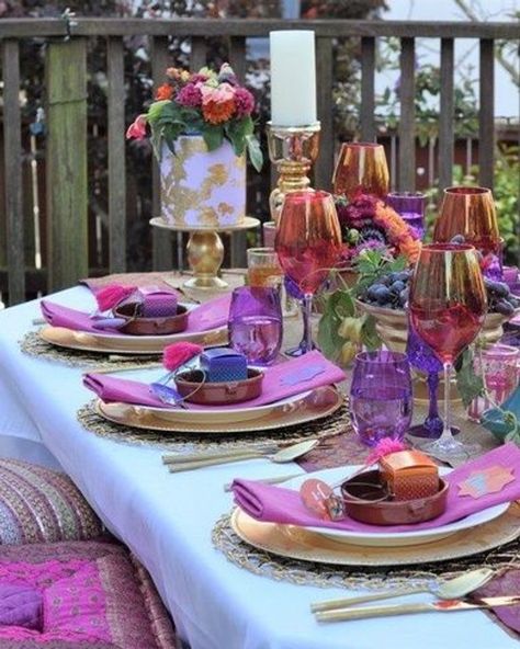 How to set a gorgeous jewel-toned table setting for an Arabian Nights themed bridal shower, birthday party, or dinner party. Get details and tons more party ideas now at fernandmaple.com. Indian Bridal Shower Ideas, Arabian Party, Arabian Nights Theme, Arabian Wedding, Arabian Nights Party, Outdoor Bridal Showers, Simple Bridal Shower, Bridal Shower Food, Bridal Brunch