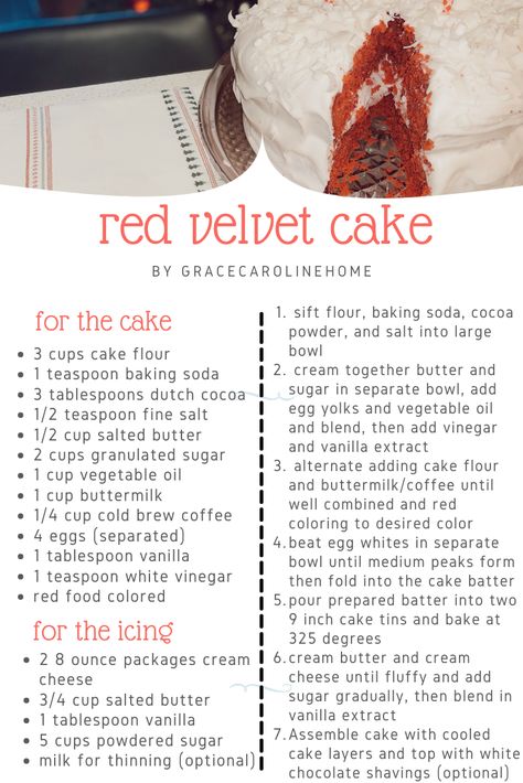 this is my rich red velvet cake recipe and it's rich, tangy, moist, sweet, and delicious! it is pretty easy to bake and assemble, however, there are a lot of steps and the prep time takes a bit longer than your typical cake, but the results are worth it! 9 X 13 Red Velvet Cake, Cake Recipes Red Velvet, Homemade Red Velvet Cake Recipe, Moist Red Velvet Cake Recipe, Red Velvet Cake Ingredients, Cake Ingredients List, Red Velvet Layer Cake, Red Velvet Cake Recipe Easy, Homemade Red Velvet Cake