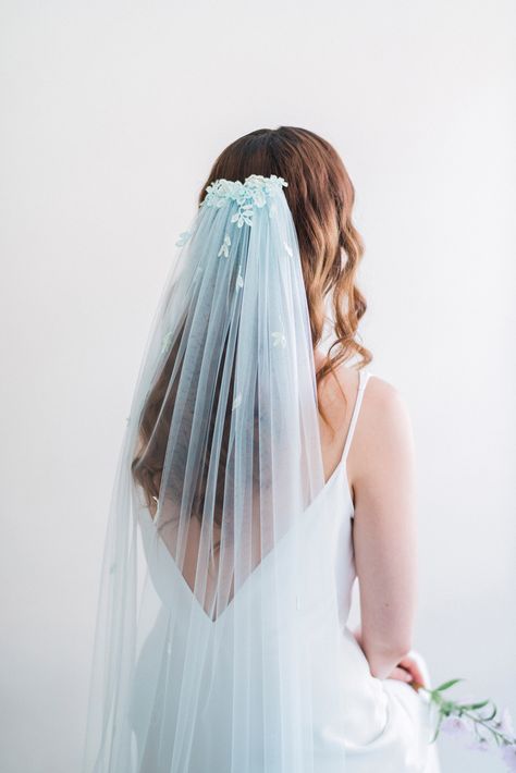 Light Blue Veil, Light Blue Wedding Veil, Blue Flower Veil, Blue Wedding Veil, Aladdin Wedding Theme, Aladdin Wedding, Veil Inspiration, Non White Wedding Dresses, Baby Blue Weddings