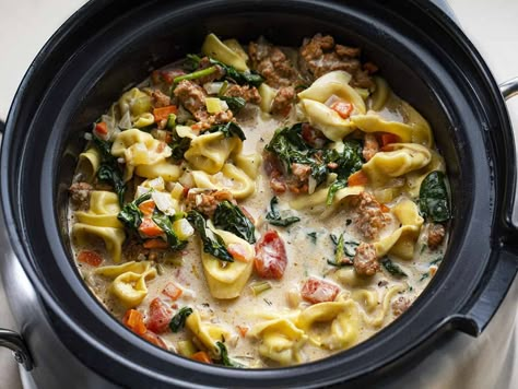 Crockpot Sausage Tortellini Soup, Tortellini And Sausage Soup, Crockpot Tortellini Soup, Tortellini Soup Crockpot, Crockpot Tortellini, Soup Sausage, Crockpot Sausage, Homestead Recipes, Sausage Tortellini Soup