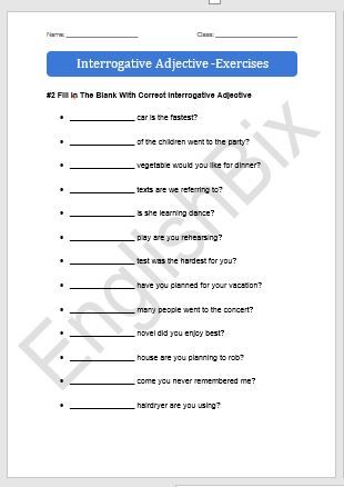 Fill in the blank with Correct Interrogative Adjective Interrogative Adjectives Worksheets, Interrogative Adjectives, Adjectives Exercises, Spanish Question Words, Beginner Spanish Lessons, Spanish Classroom Activities, Engineering Resume, Adjective Worksheet, First Grade Math Worksheets