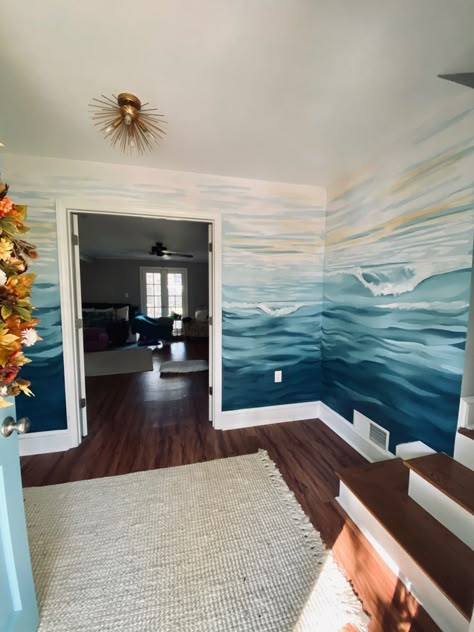 Ocean waves mural by Allison Dunavant Ocean Wall Paint, Coastal Wall Mural, Ocean Murals, Ocean Painted Wall, Beach House Mural, Ocean Accent Wall, Mural Ocean, Waves Painted On Wall, Wave Wall Painting