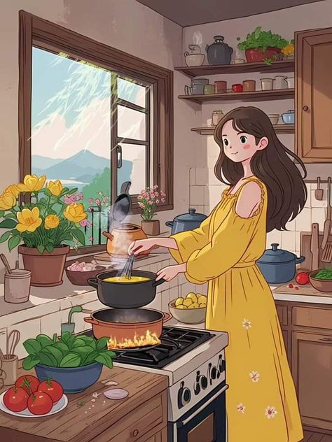 Girl Cooking Illustration, Girly Art Illustrations Life, Hygge Illustration, My Dream Job, Joyful Heart, Birthday Illustration, Girly Art Illustrations, Peaceful Life, Canva Design