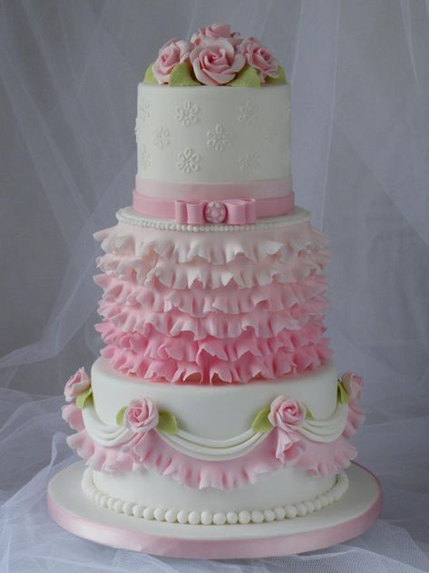 This is my latest cake decorating effort! As I told you when I posted my daughter’s cake, I loved the border with the frills so much on Alessia’s cake that I designed my own three tier version with the same frills on one of the tiers. Unlike... Ruffle Cake, Tiered Cake, Elegant Cakes, Beautiful Wedding Cakes, Gorgeous Cakes, Pink Cake, White Cake, Wedding Cake Designs, Fancy Cakes