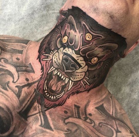 neo traditional wolf throat tattoo Wolf Throat Tattoo, Neo Traditional Wolf, Nick Tattoos, Full Neck Tattoos, Traditional Black Tattoo, Traditional Tattoo Designs, Wolf Tattoo Sleeve, Throat Tattoo, Traditional Style Tattoo