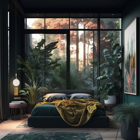 Dark Mid Century Modern, Moody Mid Century Modern, Witchy Bedroom, Tattoo Modern, Jungle Bedroom, Tropical Bedrooms, Zen Bedroom, Mid Century Modern Bedroom, Bedroom Wall Colors