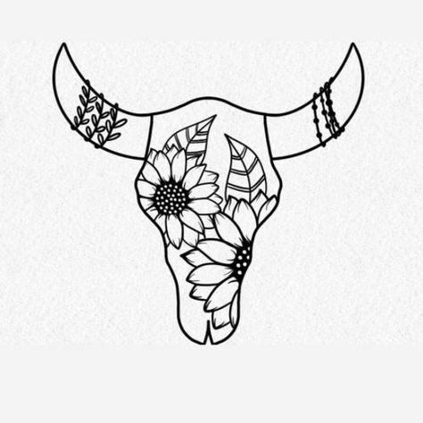 240+ Thrilling Western Tattoos Ideas and Designs (2023) - TattoosBoyGirl Country Sunflower Tattoo, Sunflower Country Tattoos, Western Cow Skull Drawing, Cow With Sunflower Tattoo, Highland Cow Outline Drawing, Diy Cow Skull Painting Ideas, Western Tattoo Outline, Western Skull Drawing, Cow Skull Art Drawing