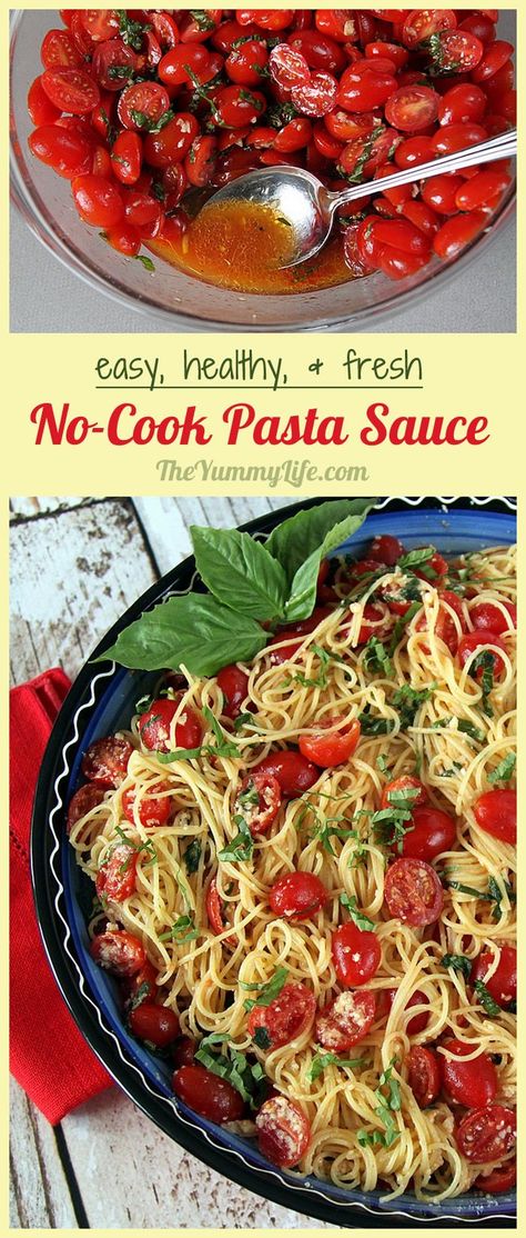 Combine simple ingredients for a fresh, healthy sauce with big flavor. Serve warm, cold, or at room temperature. Can be made ahead. No Cook Cherry Tomato Pasta Sauce, No Cook Tomato Pasta Sauce, No Cook Tomato Basil Pasta Sauce, Pasta With No Cook Cherry Tomato Sauce, Cold Pasta Salad Recipes Summer Cherry Tomatoes, No Cook Pasta Sauce, No Cook Tomato Sauce, Cold Tomato Pasta, Meals Ministry